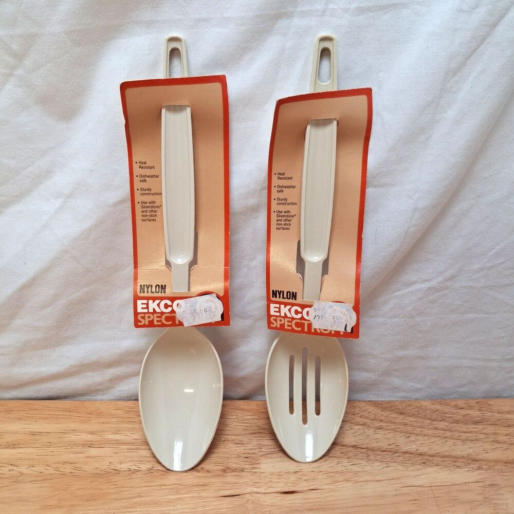 2 Ekco Nylon Slotted Spoon Almond Plastic Serving Utensil USA Vintage 1983